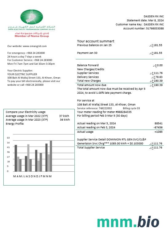 Oman Electricity Transmission Company electricity rachunek za usługi komunalne szablon w formatach Word i PDF